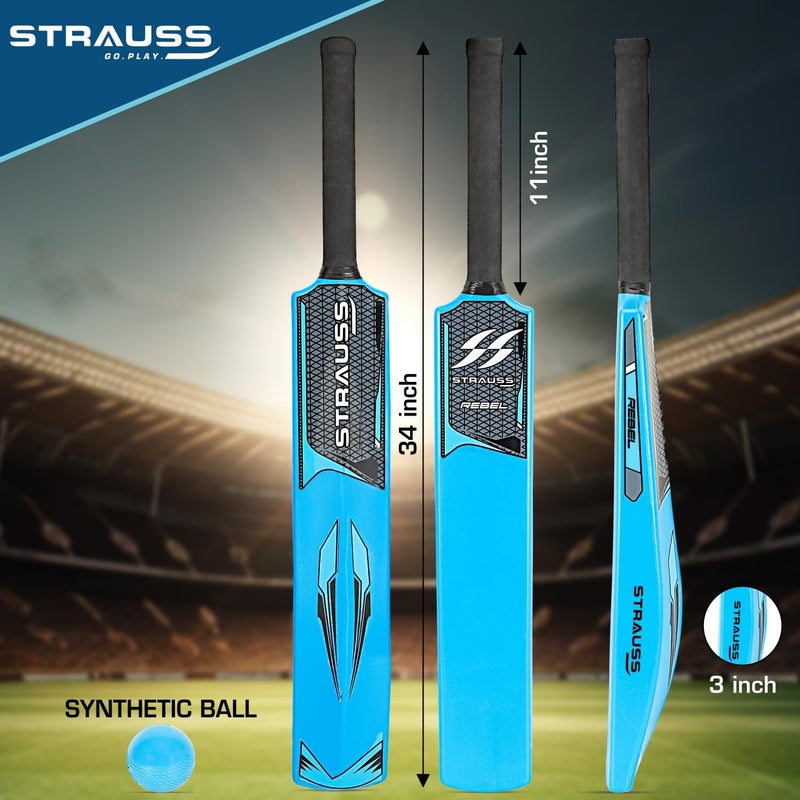 STRAUSS مجموعة كريكيت (حجم كامل) | مضرب بلاستيكي متين، كرة، أعمدة | مجموعة للمبتدئين للأطفال والبالغين | خفيفة الوزن وسهلة الاستخدام | معدات كريكيت كاملة للمتعة الخارجية وجلسات التدريب (زرقاء) - Image 2
