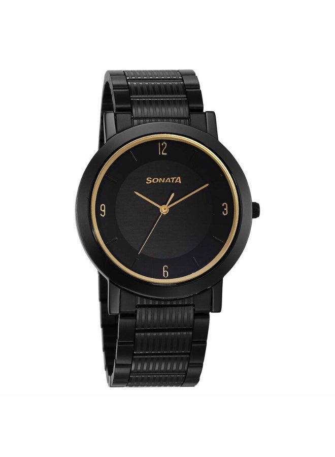 Sonata ساعة يد للرجال 77108NM02 – قرص أسود، سوار من الفولاذ المقاوم للصدأ الأسود، حركة كوارتز - Image 1