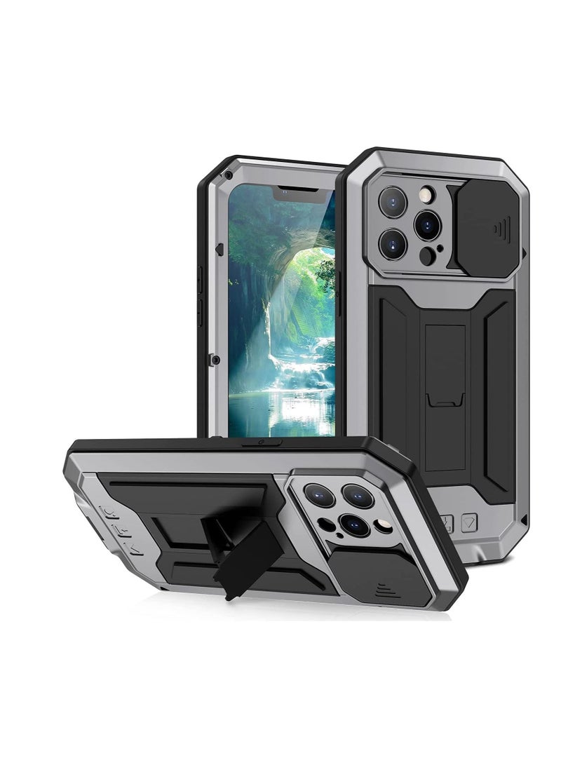 NIBEMINENT Metal Cover Case for iPhone 13 Pro Max with Screen Protector Military Rugged Heavy Duty Shockproof Stand Camera Full case (13 Max- Style 2, Silver 2) - Image 1