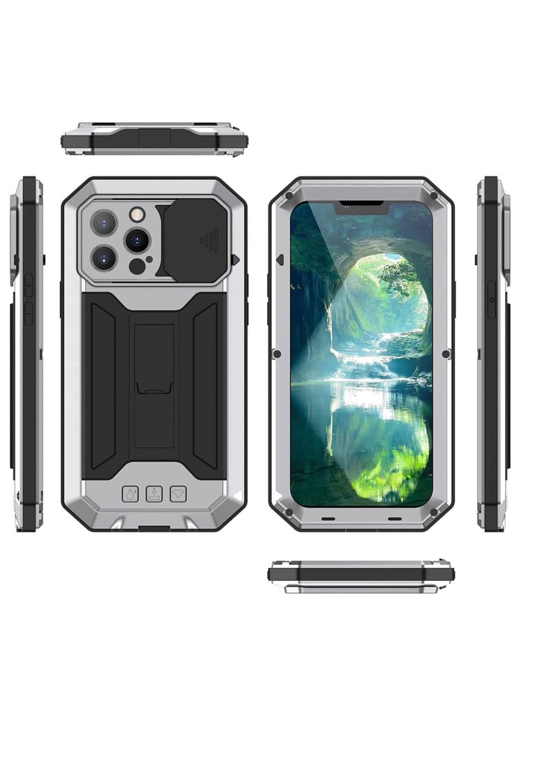 NIBEMINENT Metal Cover Case for iPhone 13 Pro Max with Screen Protector Military Rugged Heavy Duty Shockproof Stand Camera Full case (13 Max- Style 2, Silver 2) - Image 4
