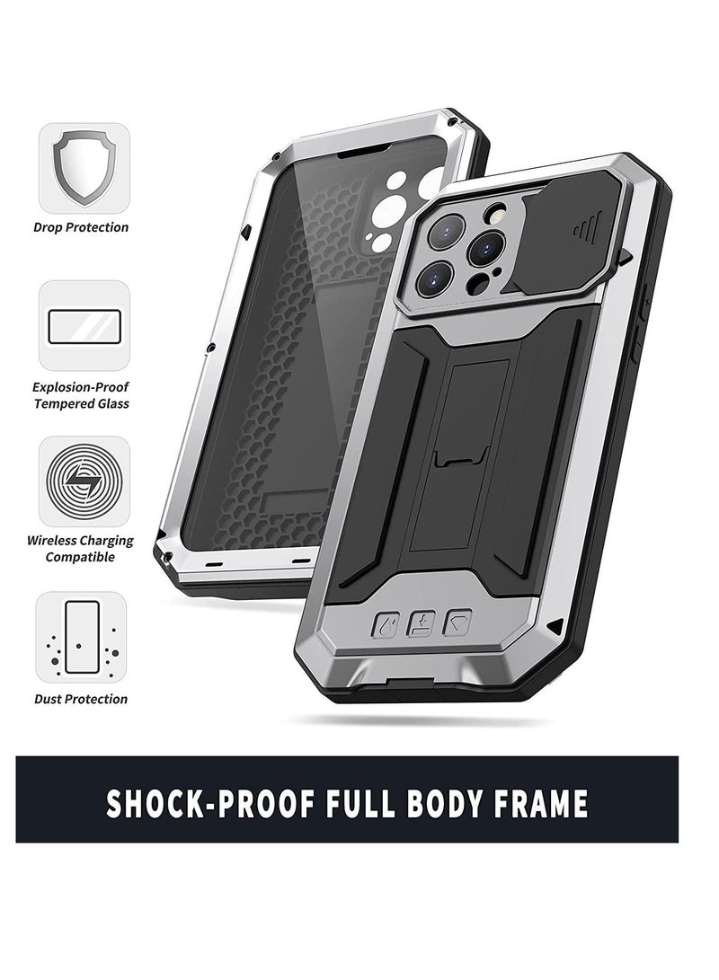 NIBEMINENT Metal Cover Case for iPhone 13 Pro Max with Screen Protector Military Rugged Heavy Duty Shockproof Stand Camera Full case (13 Max- Style 2, Silver 2) - Image 3