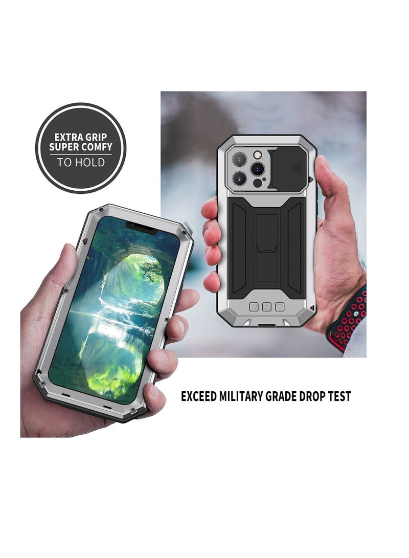 NIBEMINENT Metal Cover Case for iPhone 13 Pro Max with Screen Protector Military Rugged Heavy Duty Shockproof Stand Camera Full case (13 Max- Style 2, Silver 2) - Image 5