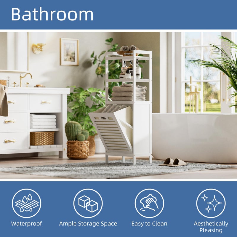 HITNET Bamboo Tilt Out Hamper, 10 Gal Bathroom Laundry Cabinet with Hidden Foldable Basket, Freestanding Clothes Storage Organizer with Storage Shelf, White - Image 4