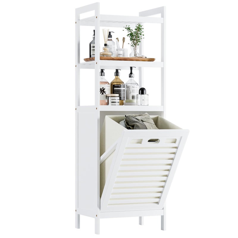 HITNET Bamboo Tilt Out Hamper, 10 Gal Bathroom Laundry Cabinet with Hidden Foldable Basket, Freestanding Clothes Storage Organizer with Storage Shelf, White - Image 1