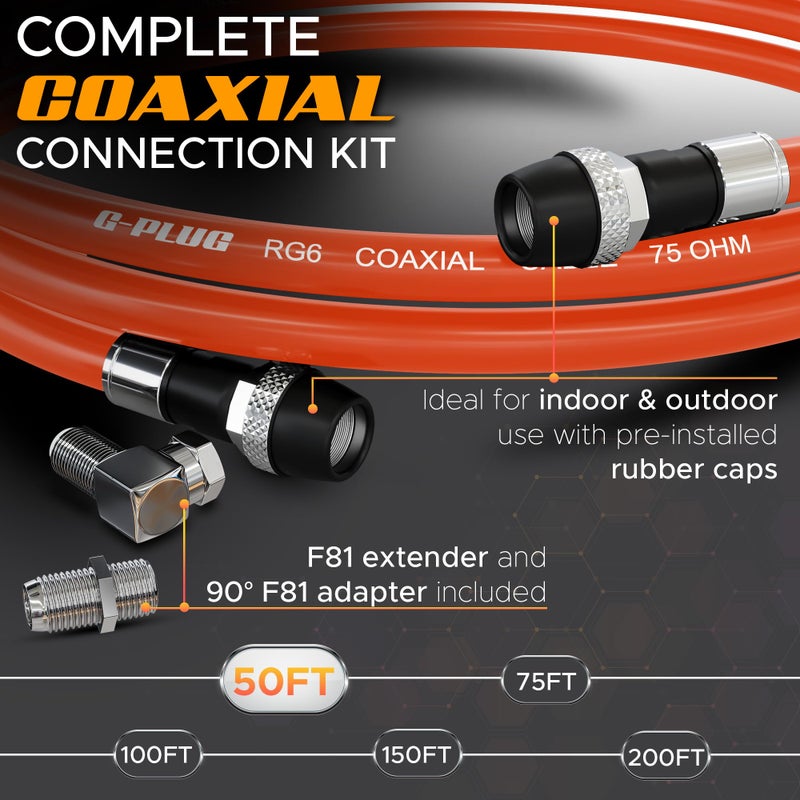 G-PLUG RG6 Coaxial Cable 50FT â€“ Quad Shielded, Waterproof, 75 Ohm with F-Type Connectors, High-Speed for HDTV, Satellite, Internet, Indoor/Outdoor Use - Image 2