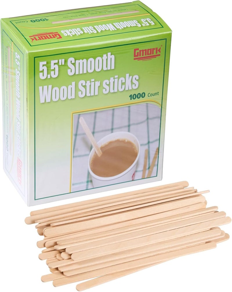 Gmark 5.5" Wood Coffee Stirrers (length 140mm, width 6mm, thick 1.3mm) 1000 ct - Natural Birch Wood Coffee Beverage Stirrers, Round End GM1014 - Image 1