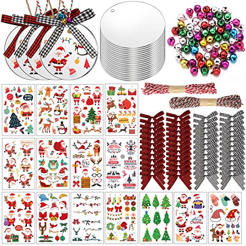 Leelosp 394 Pieces Christmas Acrylic Ornament Blanks 3 Inch Unfinished Round Acrylic with Bells Bows and Stickers Clear Christmas Hanging Ornaments for Christmas Tree Decoration Craft - Image 1