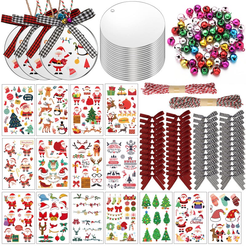 Leelosp 394 Pieces Christmas Acrylic Ornament Blanks 3 Inch Unfinished Round Acrylic with Bells Bows and Stickers Clear Christmas Hanging Ornaments for Christmas Tree Decoration Craft - Image 2
