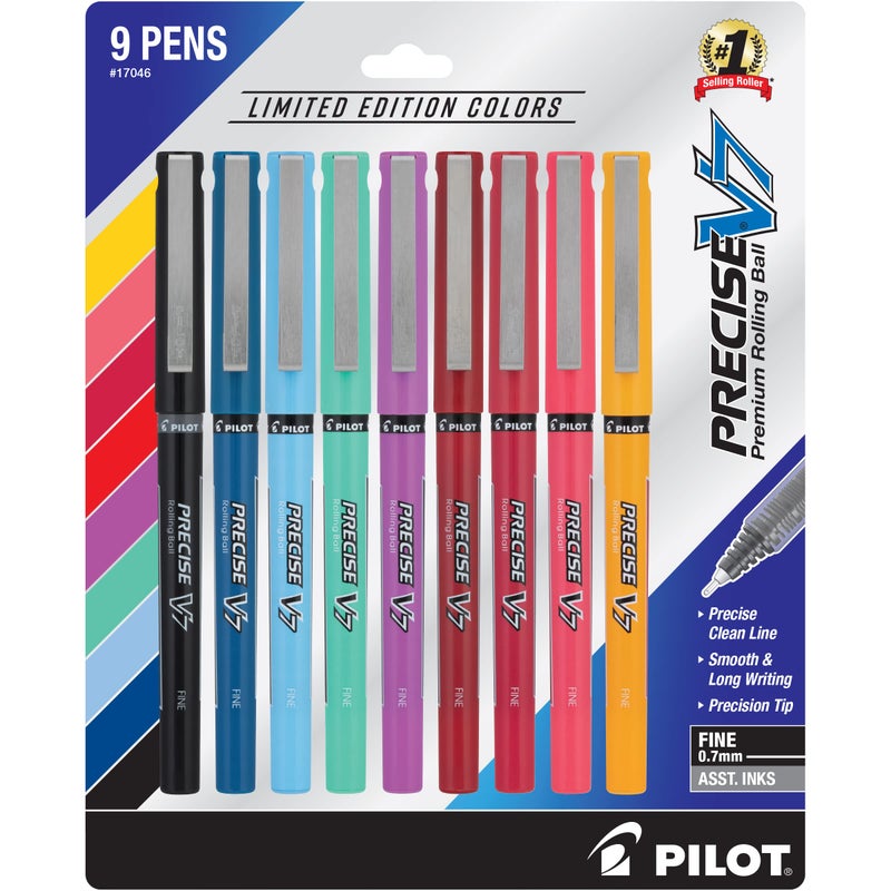 Pilot Precise V7 Capped Liquid Ink Rollerball Pens, Fine Point Ink Pens 0.7 mm, Colored Pens, Limited Edition Assorted Colors, Pack of 9 - Ideal for School, Journaling, & Office Writing - Image 1