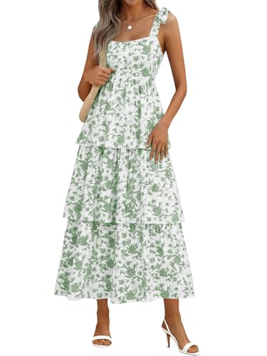 Wenrine Womens Summer Floral Maxi Dress Casual Tie Strap Sleeveless Ruffle Tiered Smocked Loose Boho Beach Dresses Green - Image 1