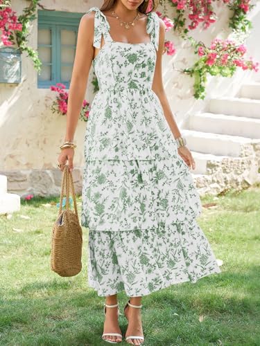 Wenrine Womens Summer Floral Maxi Dress Casual Tie Strap Sleeveless Ruffle Tiered Smocked Loose Boho Beach Dresses Green - Image 4