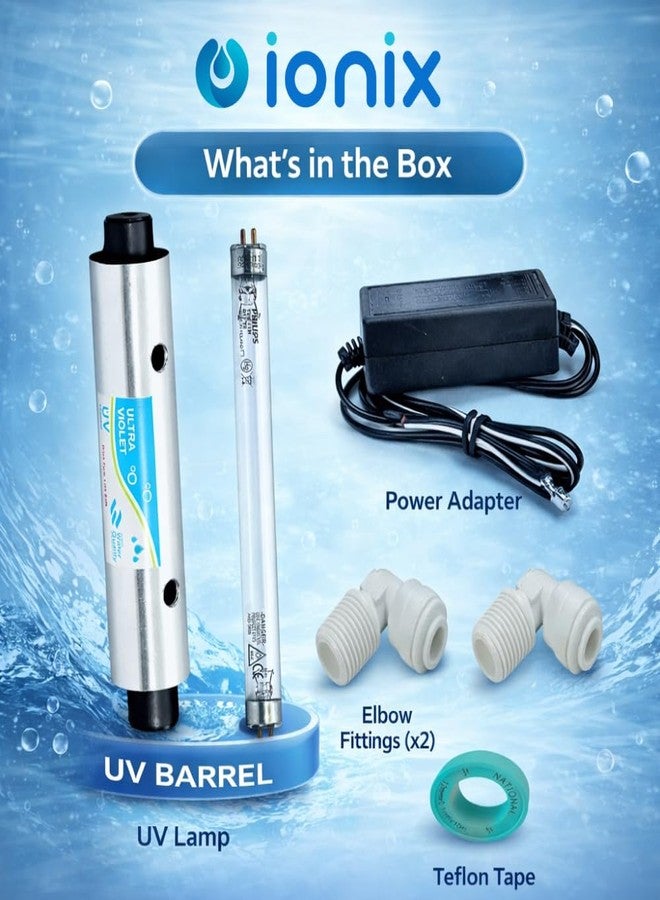 أيونيكس طقم IONIX الكامل للأشعة فوق البنفسجية لأجهزة تنقية المياه بتقنية التناضح العكسي، متوافق مع جميع أجهزة تنقية المياه بتقنية التناضح العكسي/الترشيح الفائق - مصباح الأشعة فوق البنفسجية، حجرة، وخزان، طقم واحد، فضي - Image 3