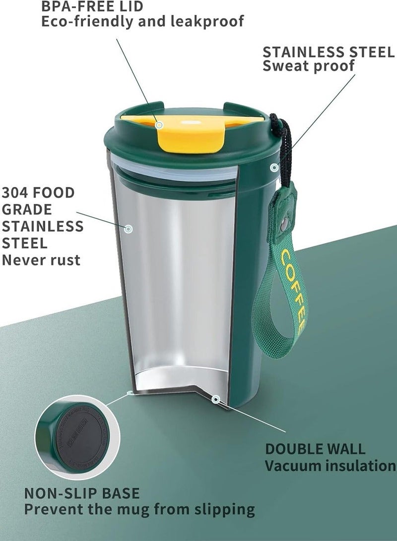 قطوب عالية الجودة الباردة والساخنة شرب فنجان القهوة - 400 مل معزول الفولاذ المقاوم للصدأ الأسطوانة السفر ، مثالية للاستخدام في المكتب ، والقيادة ، نزهة ، المنزل ، في الهواء الطلق - كأس القهوة مع غطاء حزام - Image 3