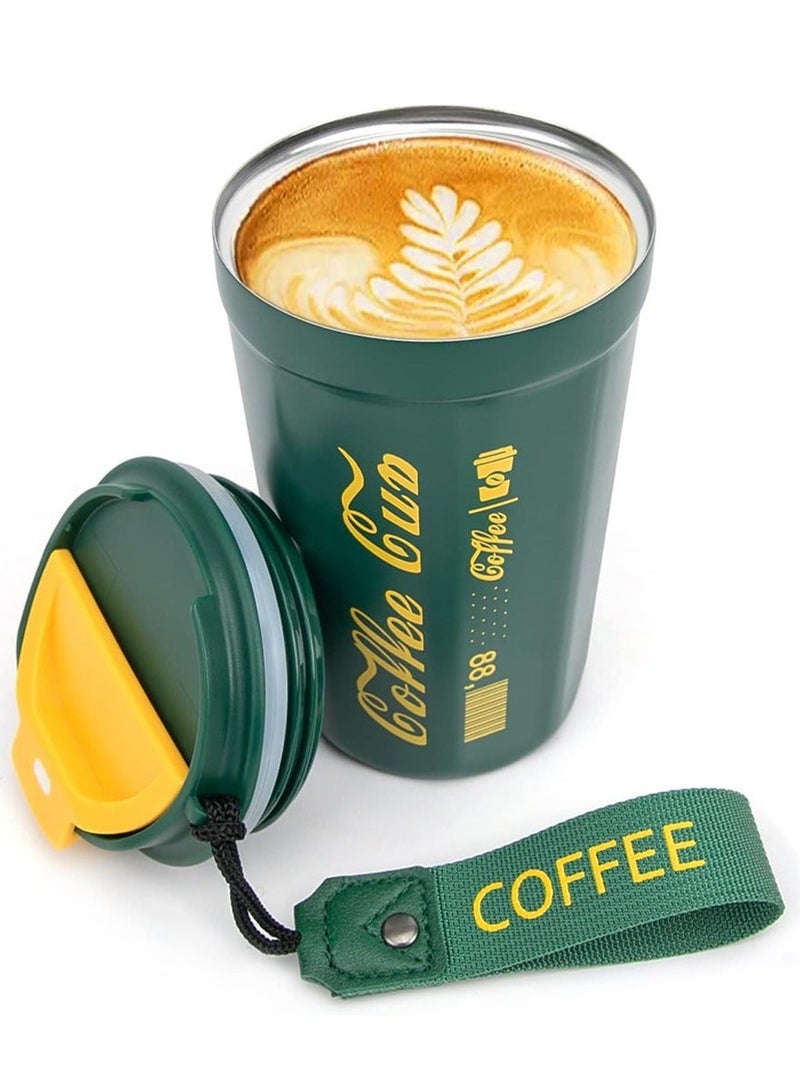 قطوب عالية الجودة الباردة والساخنة شرب فنجان القهوة - 400 مل معزول الفولاذ المقاوم للصدأ الأسطوانة السفر ، مثالية للاستخدام في المكتب ، والقيادة ، نزهة ، المنزل ، في الهواء الطلق - كأس القهوة مع غطاء حزام - Image 1