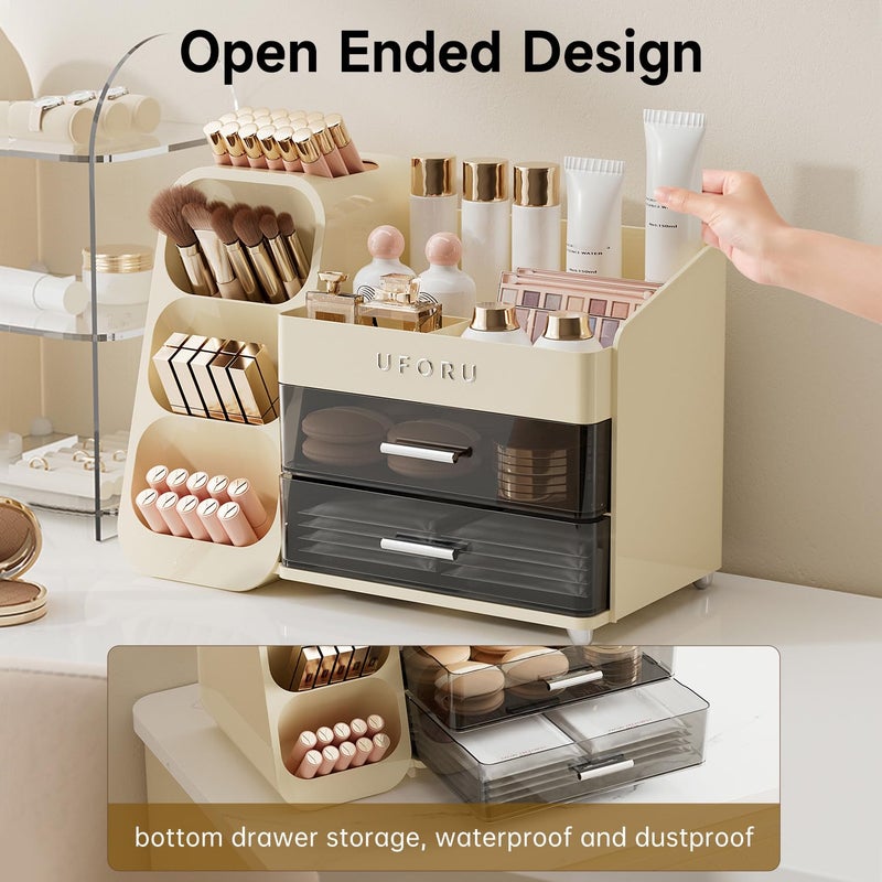 UFORU Makeup Organizer for Vanity with Brush Holder, Countertop Skincare Organizer with 2 Drawers, Spacious Cosmetic Display Case for Perfumes, Eyeshadow Palettes, Nail Polishes - Image 4