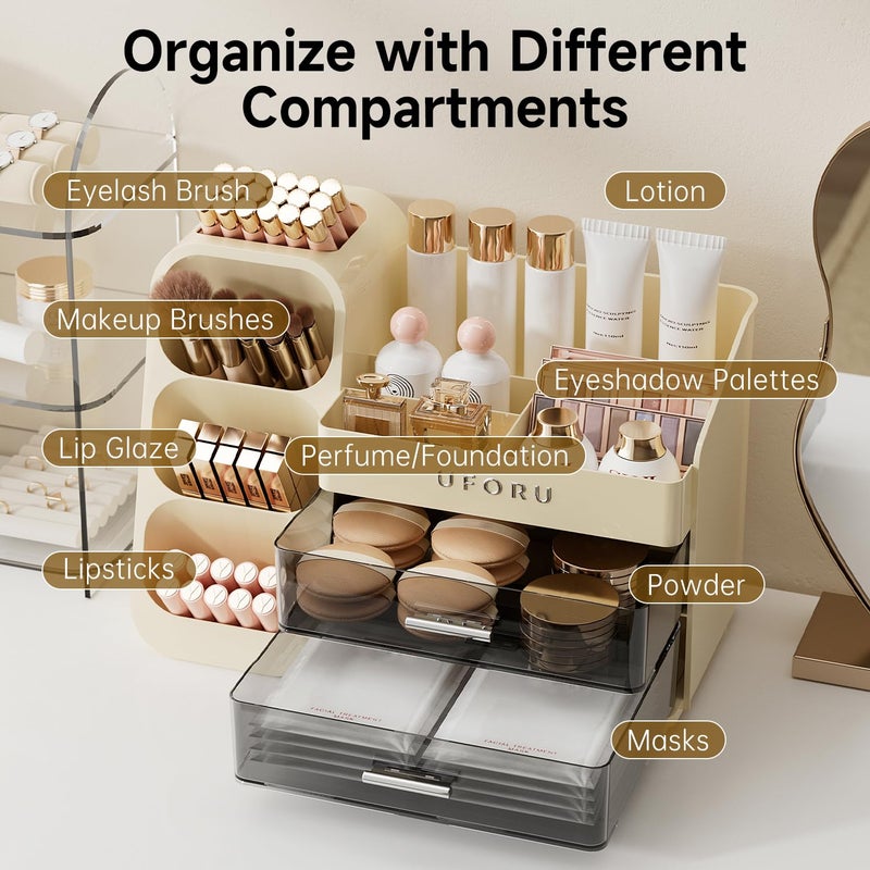 UFORU Makeup Organizer for Vanity with Brush Holder, Countertop Skincare Organizer with 2 Drawers, Spacious Cosmetic Display Case for Perfumes, Eyeshadow Palettes, Nail Polishes - Image 5
