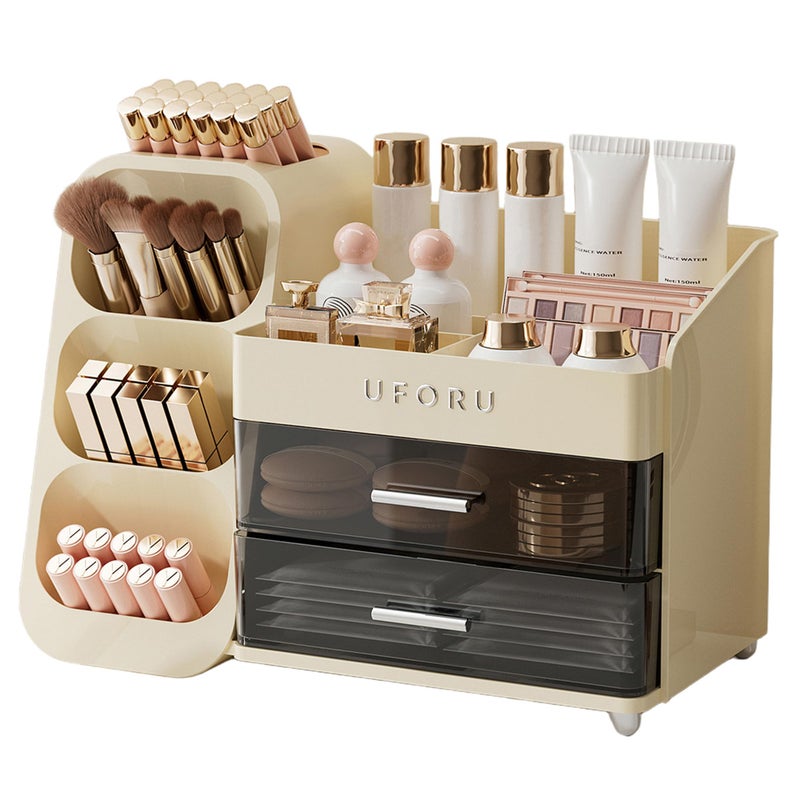 UFORU Makeup Organizer for Vanity with Brush Holder, Countertop Skincare Organizer with 2 Drawers, Spacious Cosmetic Display Case for Perfumes, Eyeshadow Palettes, Nail Polishes - Image 1