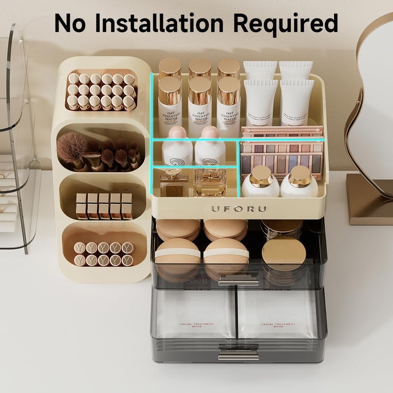 UFORU Makeup Organizer for Vanity with Brush Holder, Countertop Skincare Organizer with 2 Drawers, Spacious Cosmetic Display Case for Perfumes, Eyeshadow Palettes, Nail Polishes - Image 3