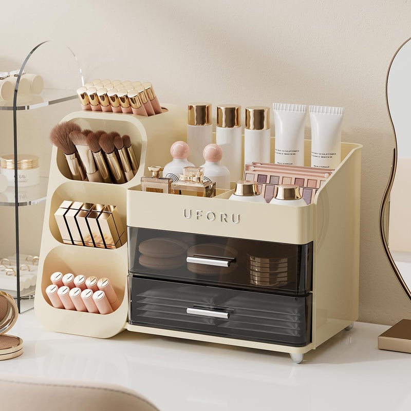 UFORU Makeup Organizer for Vanity with Brush Holder, Countertop Skincare Organizer with 2 Drawers, Spacious Cosmetic Display Case for Perfumes, Eyeshadow Palettes, Nail Polishes - Image 2