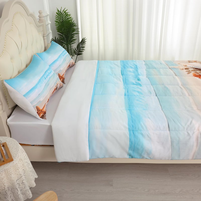 FUYEUN Beach Comforter Set Twin, Coastal Nature Theme Pattern Bedding for Kids Boys Girls Bedroom, Ocean Hawaiian Starfish Quilt Sets, 1 Comforter, 1 Pillowcase, Blue Home Decor - Image 3