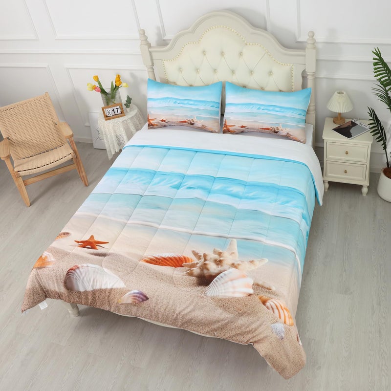 FUYEUN Beach Comforter Set Twin, Coastal Nature Theme Pattern Bedding for Kids Boys Girls Bedroom, Ocean Hawaiian Starfish Quilt Sets, 1 Comforter, 1 Pillowcase, Blue Home Decor - Image 5