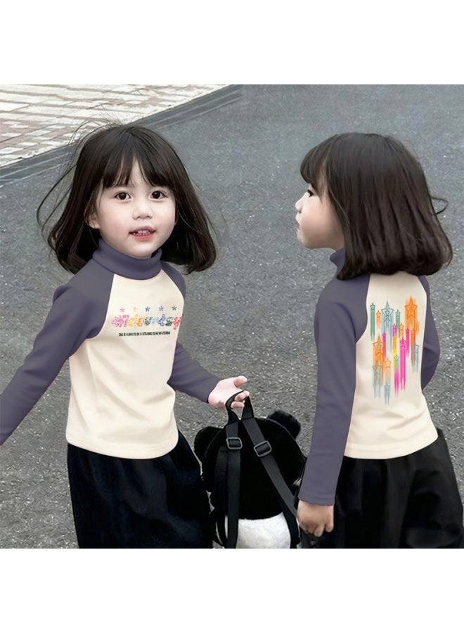 Girls' Thermal Base Layer Top Autumn And Winternew Style For Older Children, Half Turtleneck, Warm Inner Layer, Color-blocking Long Sleeves
