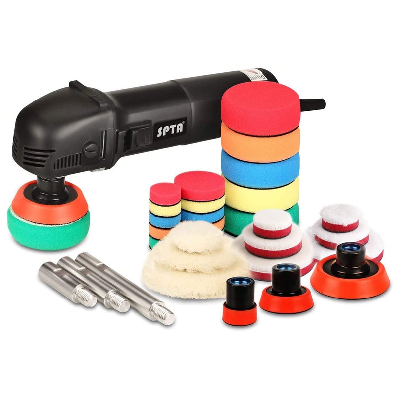 SPTA Mini Polishing Machine Buffer Rotary Polisher Auto Detailing Superpolish with 27Pcs Detail Polishing Pad Mix Size Kit Buffing Pad and 75mm ,100mm,140mm M14 Thread Extension shaft - Image 1