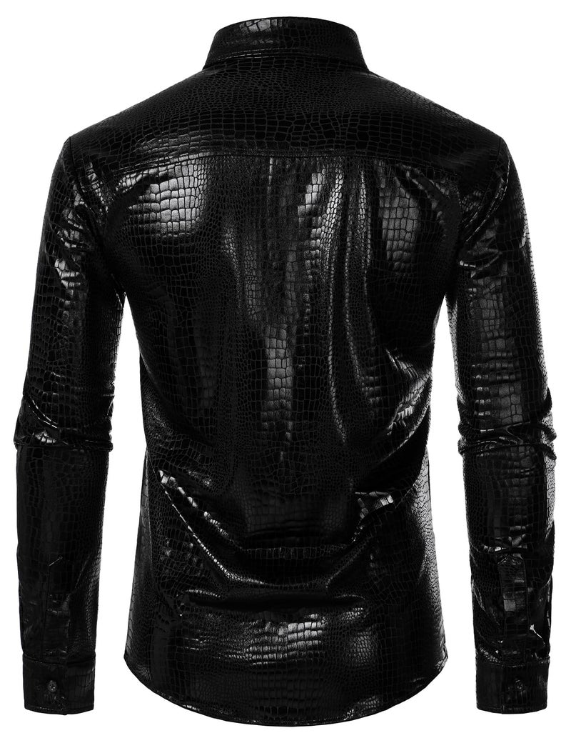ZEROYAA Men's 70s Disco Button-Down Shirt Shiny Metallic Long-Sleeve Costume for Party Prom Black Faux Leather Large - Image 2