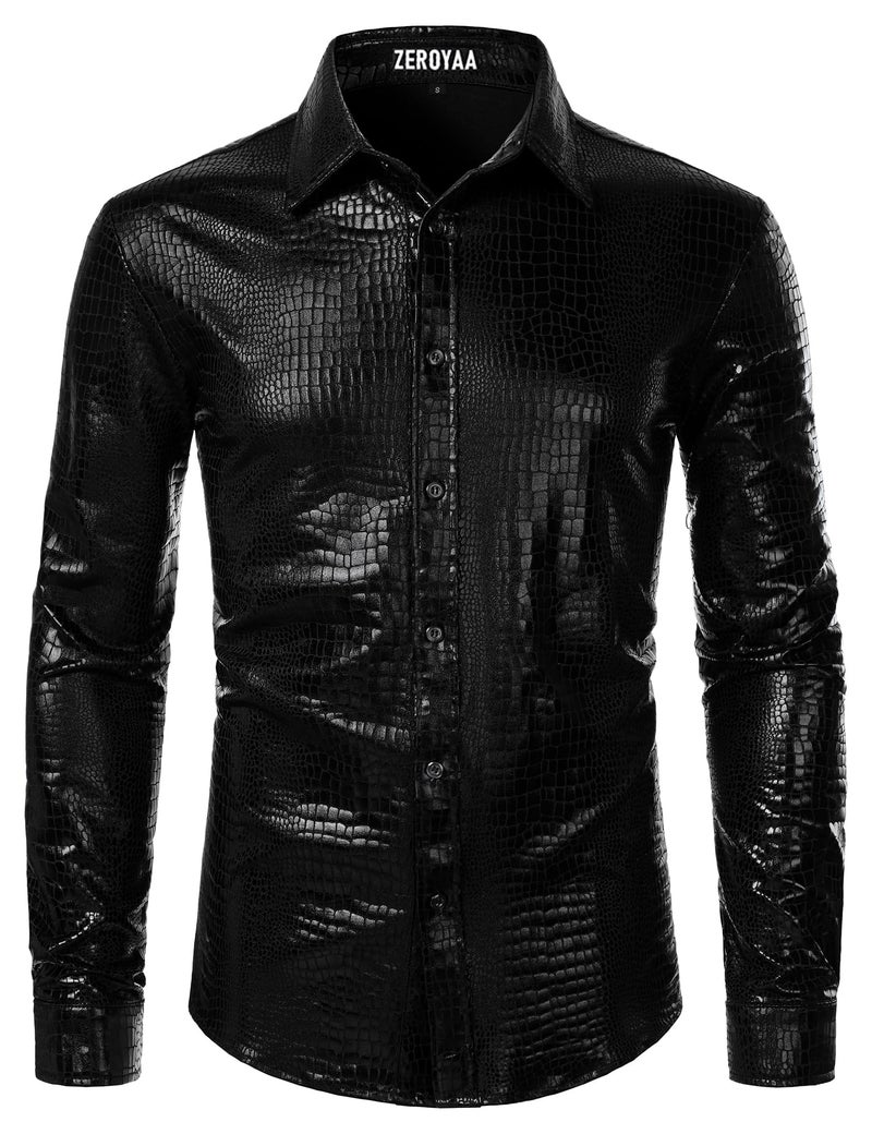 ZEROYAA Men's 70s Disco Button-Down Shirt Shiny Metallic Long-Sleeve Costume for Party Prom Black Faux Leather Large - Image 1