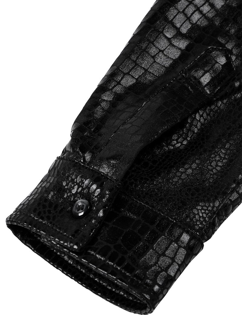 ZEROYAA Men's 70s Disco Button-Down Shirt Shiny Metallic Long-Sleeve Costume for Party Prom Black Faux Leather Large - Image 4