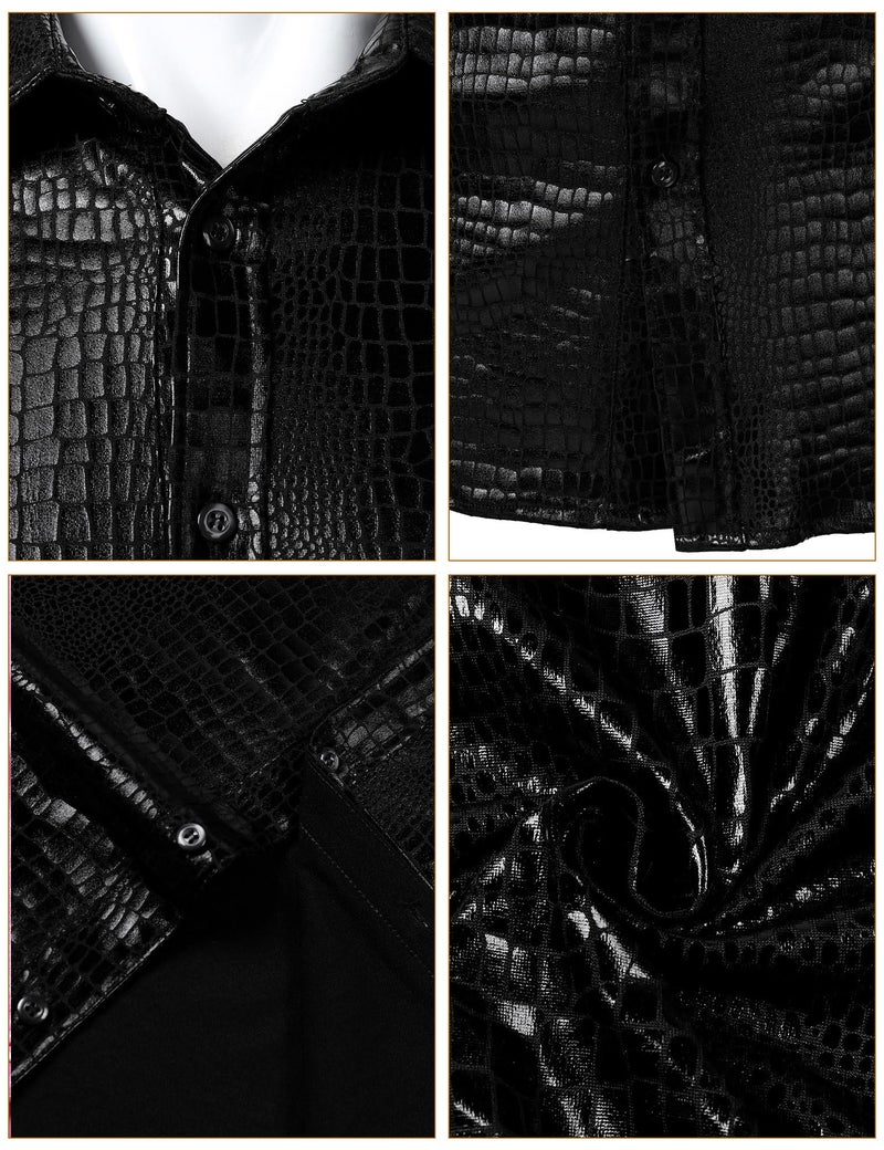 ZEROYAA Men's 70s Disco Button-Down Shirt Shiny Metallic Long-Sleeve Costume for Party Prom Black Faux Leather Large - Image 5