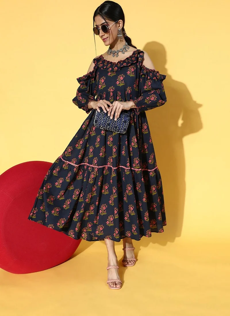 زيري سوق Navy Blue Floral Printed Pure Cotton Dress