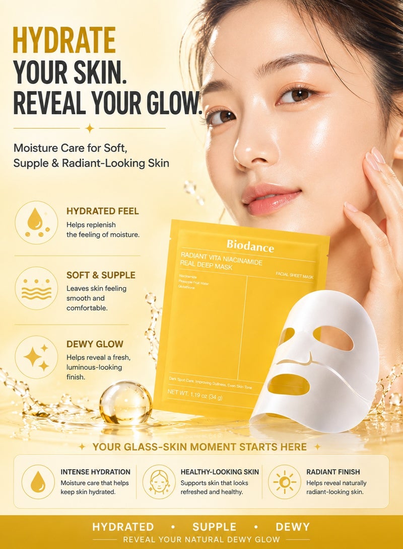 Biodance Radiant Vita Niacinamide Real Deep Mask, 5 x 34g – Brightening & Hydrating Face Mask Set with Niacinamide, Pineapple Fruit Water & Glutathione - Image 4