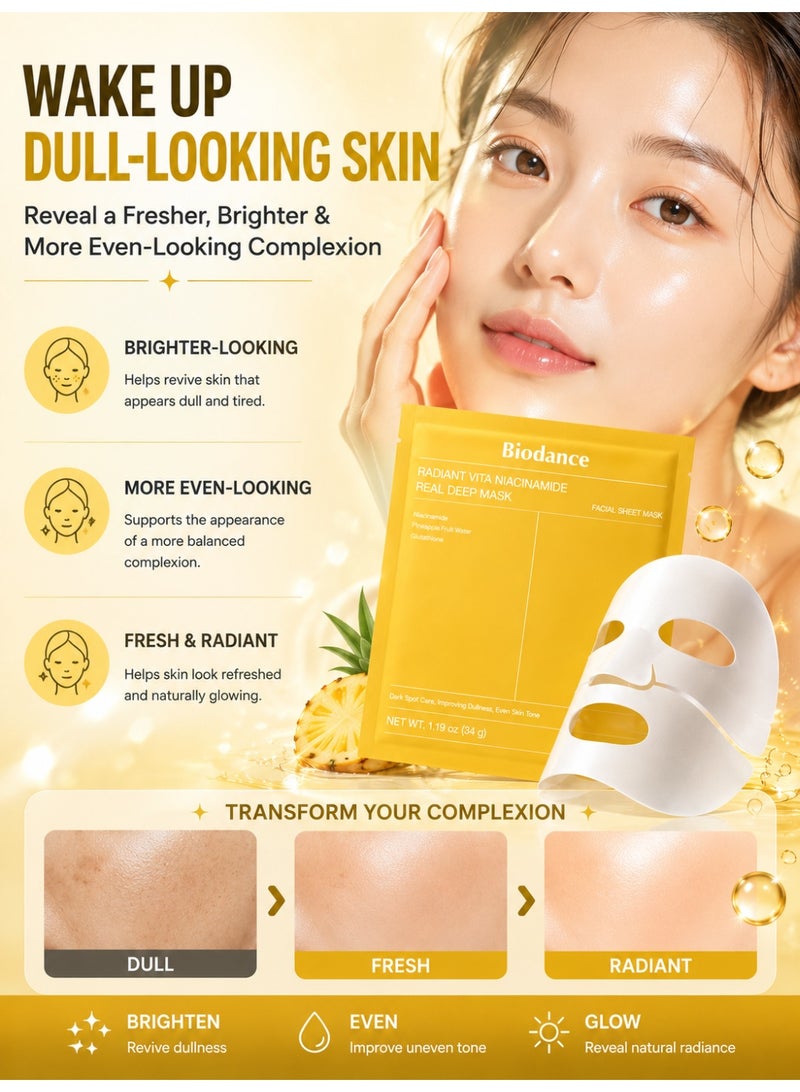 Biodance Radiant Vita Niacinamide Real Deep Mask, 5 x 34g – Brightening & Hydrating Face Mask Set with Niacinamide, Pineapple Fruit Water & Glutathione - Image 3