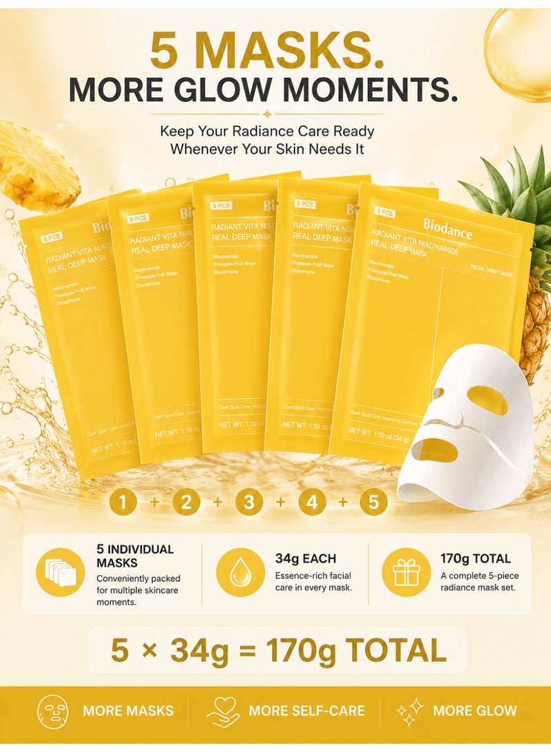 Biodance Radiant Vita Niacinamide Real Deep Mask, 5 x 34g – Brightening & Hydrating Face Mask Set with Niacinamide, Pineapple Fruit Water & Glutathione - Image 2