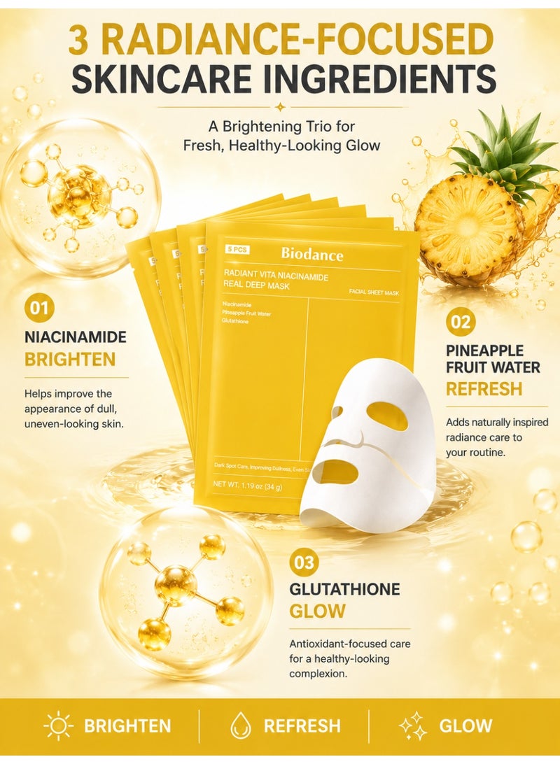Biodance Radiant Vita Niacinamide Real Deep Mask, 5 x 34g – Brightening & Hydrating Face Mask Set with Niacinamide, Pineapple Fruit Water & Glutathione - Image 5
