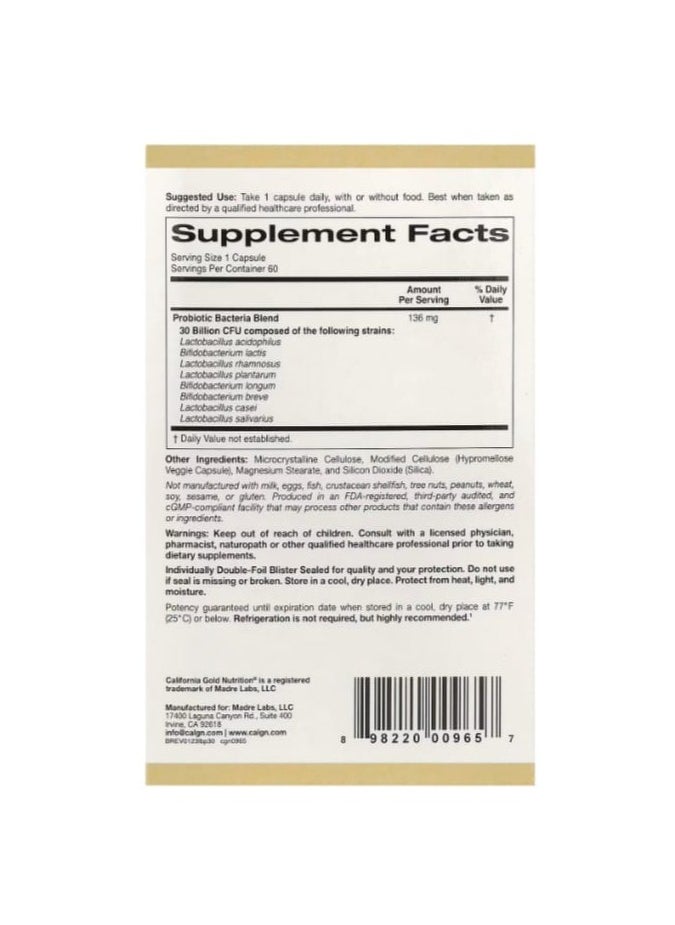 California Gold Nutrition Dietary Supplement LactoBif Probiotics 30 Billion CFU 60 Veggie Capsules  - Image 2