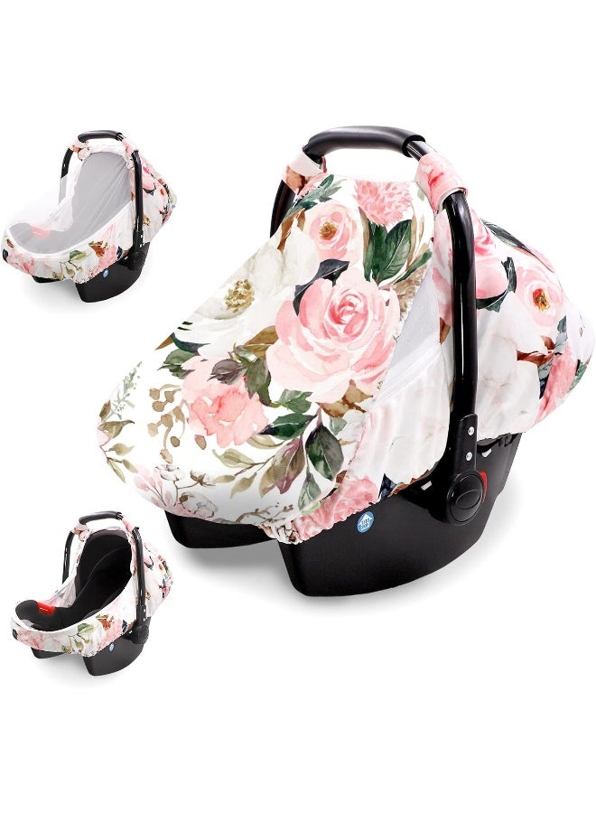 DILIMI Car Seat Covers for Babies Girl Boy, Cozy Sun & Bug Cover, Infant Carseat Canopy Newborn Stroller Carrier Cover with Breathable Zipper Peep Window, Watercolor Pink Flower - Image 1