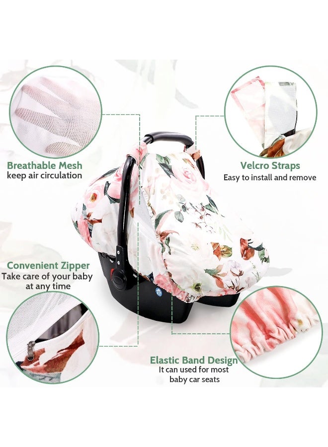 DILIMI Car Seat Covers for Babies Girl Boy, Cozy Sun & Bug Cover, Infant Carseat Canopy Newborn Stroller Carrier Cover with Breathable Zipper Peep Window, Watercolor Pink Flower - Image 3