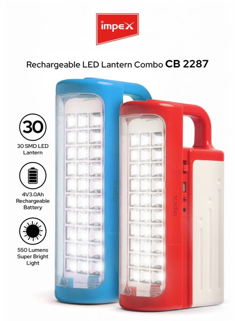 مصباح طوارئ LED قابل لإعادة الشحن من Impex - عبوة مزدوجة مع ضمان سنتين | 30 قطعة SMD LED | بطارية 6 فولت بسعة 4500mAh | وقت تشغيل 10 ساعات إضاءة قوية و80 ساعة إضاءة خافتة | يعمل كباور بانك | شحن بالطاقة الشمسية | عاكس ثلاثي الأبعاد | موفر للطاقة | زجاج غير قابل للكسر | الموديل CB 2287 - أحمر وأزرق