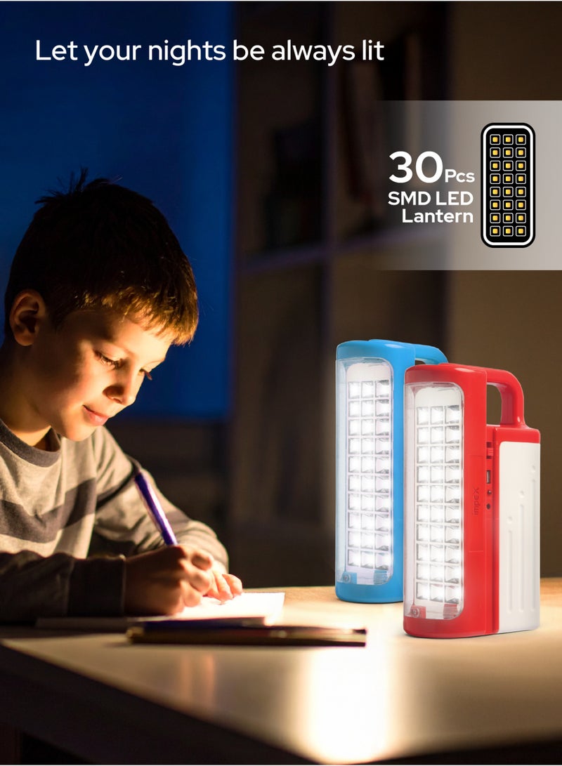 Impex Impex Rechargeable LED Emergency Lantern Combo Pack of 2 with 2 Years Warranty | 30 Pcs SMD LED | 6V 4500mAh Battery | 10H High & 80H Low Runtime | Power Bank | Solar Charging | 3D Reflector | Energy Saving | Unbreakable Glass | CB 2287 - Red & Blue  - Image 5