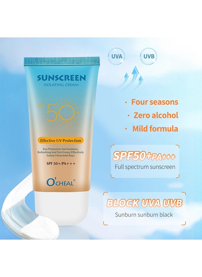 Sunscreen Isolating Cream Effective UV Protection, Hydrates Waterproof Face Sunblock Non-Sticky Cream Protect SPF 50+/PA+++(60g)