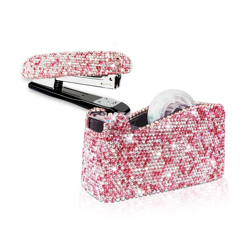 KEYPOWER Bling Crystal Luxury Handmade Diamond Stapler & Desktop Tape Dispenser Office Stationery Kit for Fashion Girls Women (Pink) - Image 1