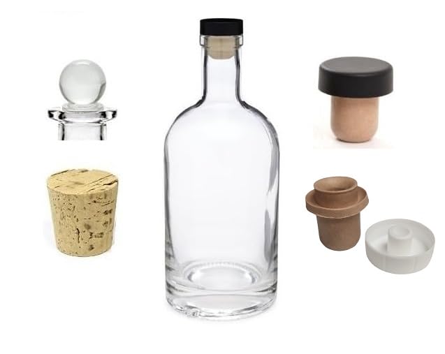 Nakpunar 12 oz (375 ml) Nordic Glass Liquor Bottle, Heavy Bottom Decanter, with T-Top Synthetic Cork, Glass Stopper, Regular Cork, and White Pourer – Bar Top Closure for Whiskey, Bourbon – Made in USA - Image 1