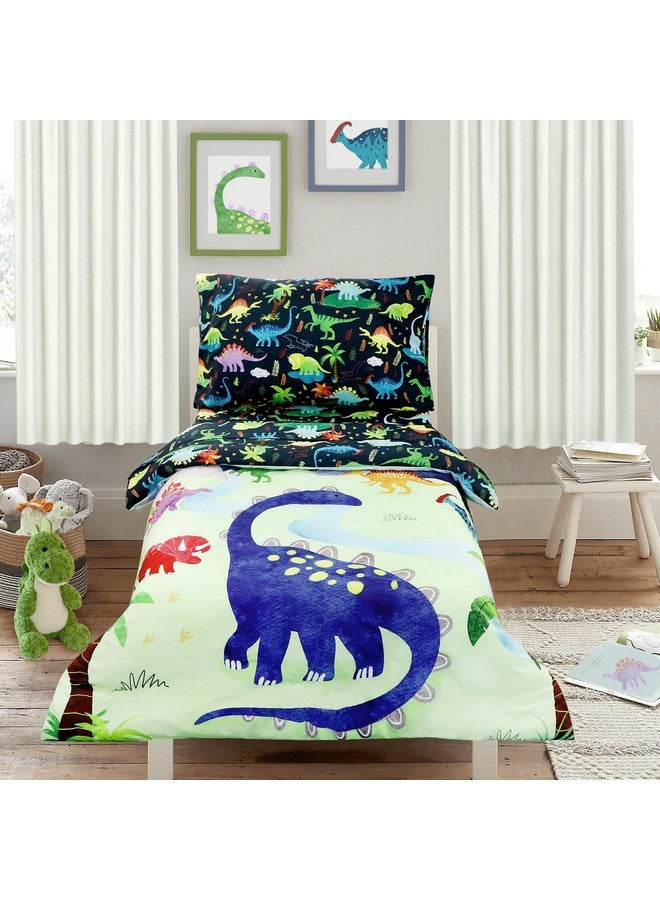 DAYEEBALL 4 Piece Toddler Bedding Set, Ultra Soft and Breathable Cartoon Dinosaur Toddler Comforter Sets for Boys Includes Quilted Comforter, Fitted Sheet, Flat Sheet and Pillowcase - Image 1