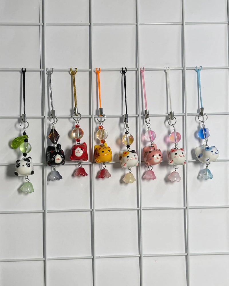 Agromusk Cat Phone Charms,Cute Lucky Kitty Beaded with Flower Phone Strap,Kawaii Y2K Bag Decor Aesthetic Handmade Ceramic Cat Charm Accessories for Case,Airpods,Camera,Keychain(Orange) - Image 2