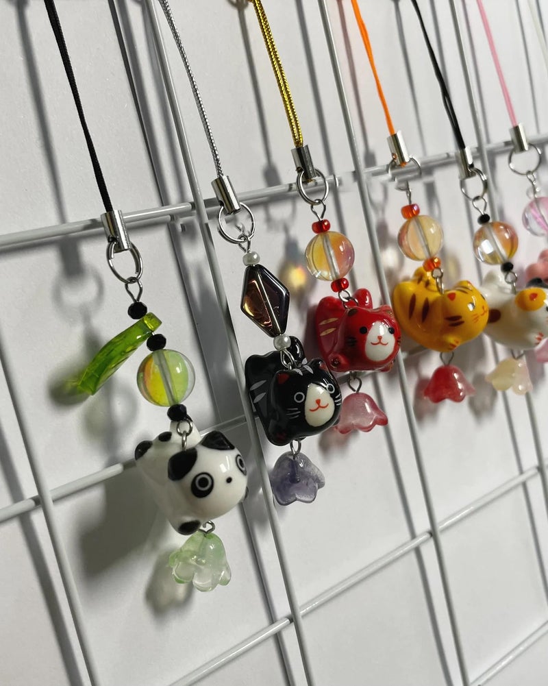 Agromusk Cat Phone Charms,Cute Lucky Kitty Beaded with Flower Phone Strap,Kawaii Y2K Bag Decor Aesthetic Handmade Ceramic Cat Charm Accessories for Case,Airpods,Camera,Keychain(Orange) - Image 4