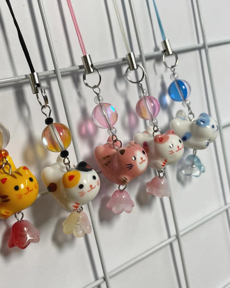 Agromusk Cat Phone Charms,Cute Lucky Kitty Beaded with Flower Phone Strap,Kawaii Y2K Bag Decor Aesthetic Handmade Ceramic Cat Charm Accessories for Case,Airpods,Camera,Keychain(Orange) - Image 3