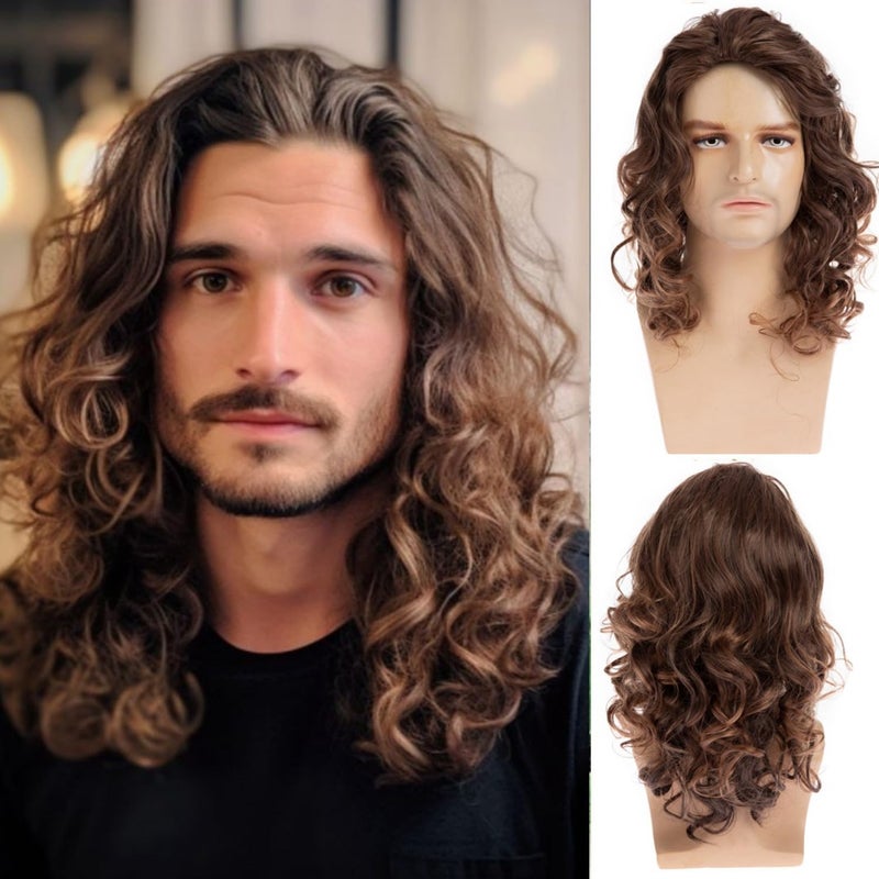 Brown Wig for Men Long Curly Wavy Synthetic Halloween Costume Party Wig for Male