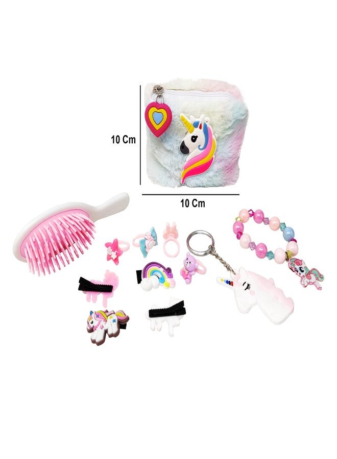 PARTEET Nylon Combo Unicorn Fer Pouch for Girls with 4 Hair Clips, 4 Rings, 1 Bracelet, 1 Keychain and 1 Comb, Return Gift for Kids, Gift Pack (Pack of 6 Items), White - Image 3